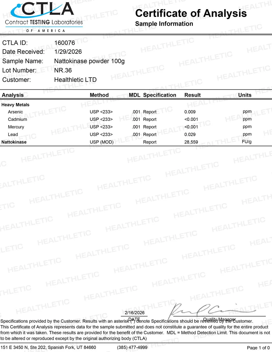 Certificate of Analysis for Healthletic nattokinase powder from Contract Testing Laboratories of America