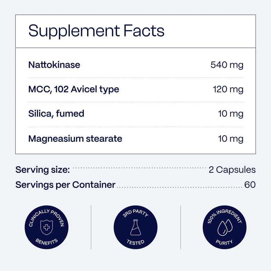 Ultimate Nattokinase Supplement Facts: Nattokinase 540 mg per 2 capsules, 60 servings per container