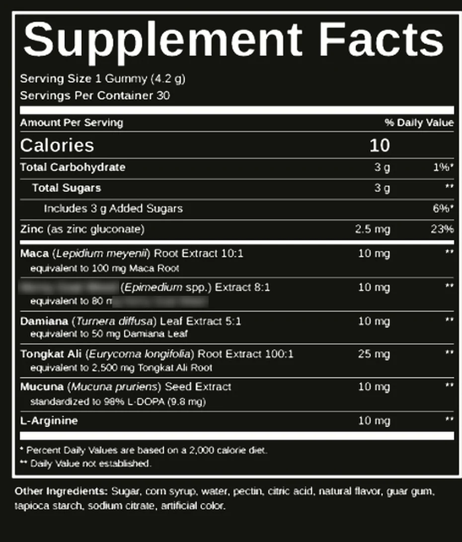 HoneyBoost Supplement Facts panel: zinc 2.5 mg, maca 10 mg, Epimedium 10 mg, damiana 10 mg, Tongkat Ali 25 mg, mucuna 10 mg, L-arginine 10 mg