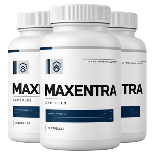 Three bottles of Maxentra men's performance support capsules