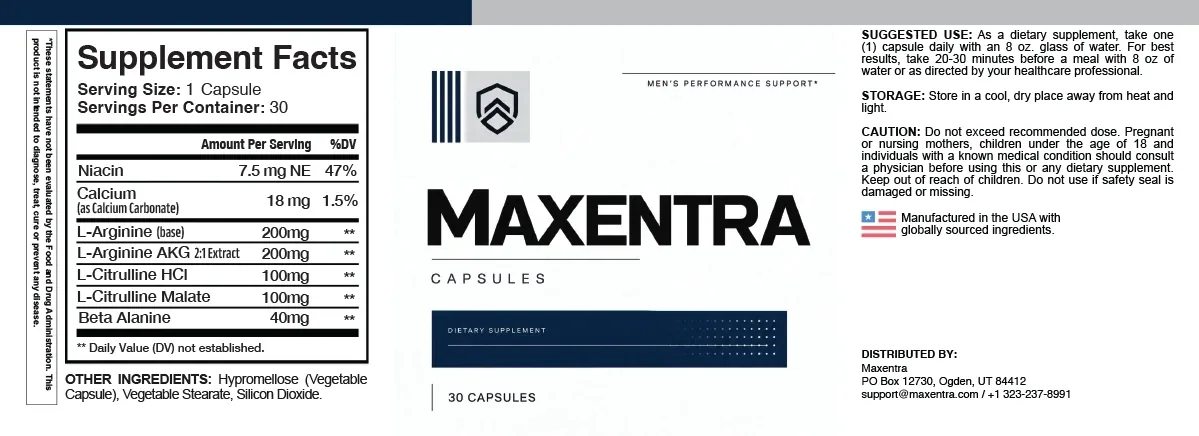 Maxentra Supplement Facts label: niacin 7.5 mg, calcium 18 mg, L-arginine 200 mg, L-arginine AKG 200 mg, L-citrulline HCl 100 mg, L-citrulline malate 100 mg, beta-alanine 40 mg
