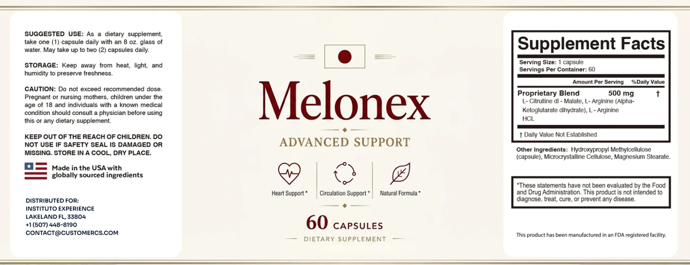 Melonex Supplement Facts label: 500 mg proprietary blend of L-citrulline DL-malate, L-arginine AKG and L-arginine HCl