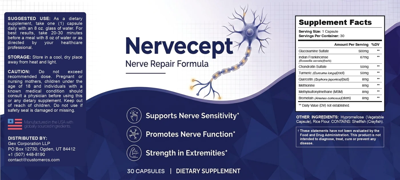 NerveCept Supplement Facts label: glucosamine sulfate 500 mg, Boswellia 67 mg, chondroitin 50 mg, turmeric 50 mg
