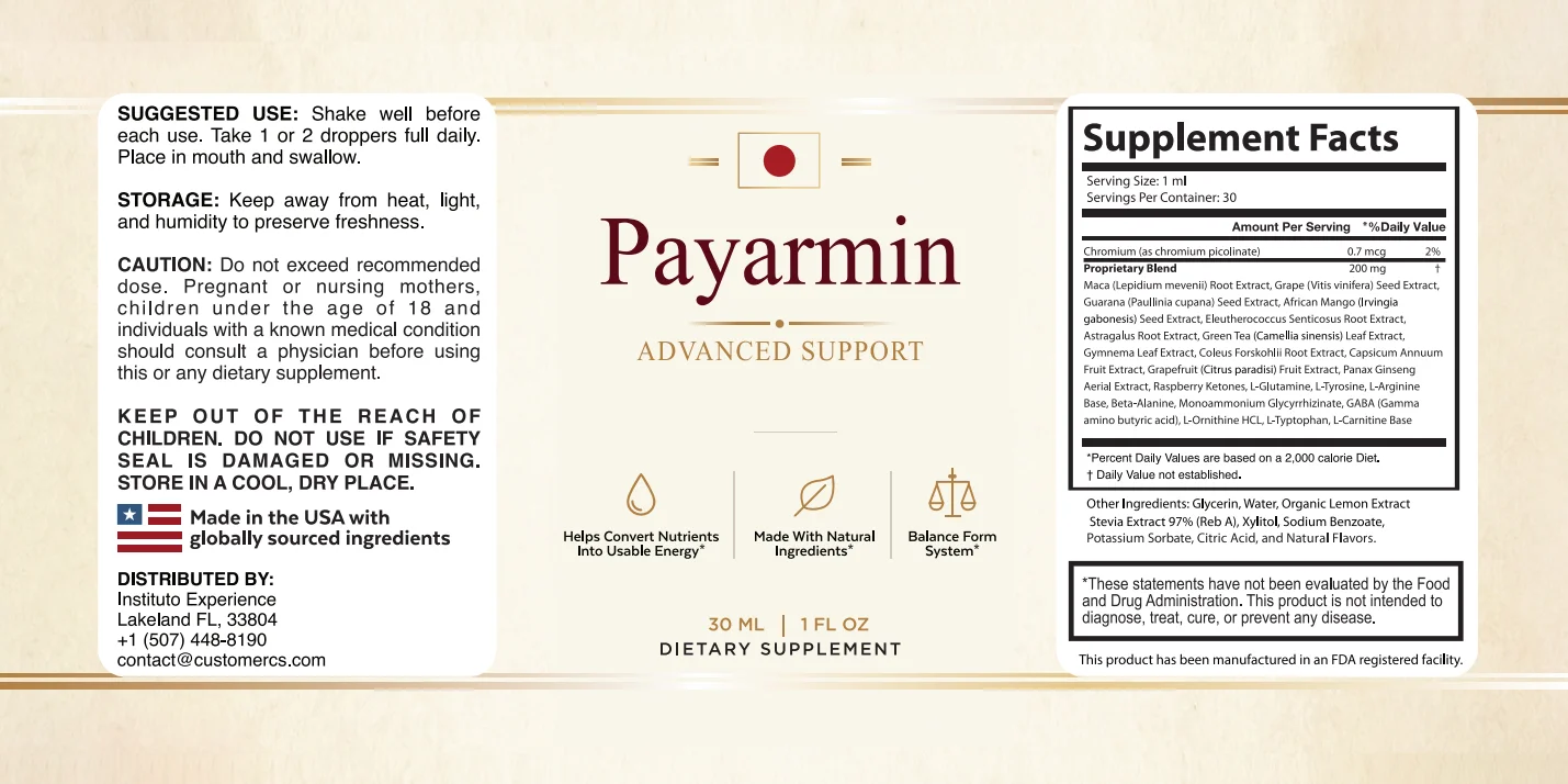 Payarmin Supplement Facts label: chromium 0.7 mcg and a 200 mg proprietary blend